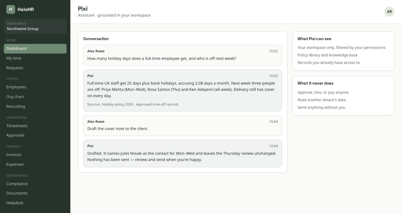 Pixi answering a question with cited sources from the policy library and records