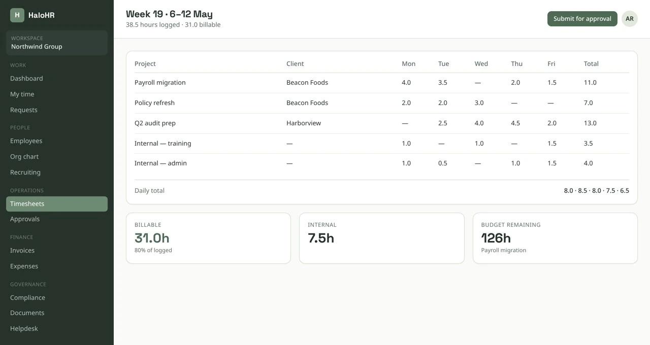 HaloHR weekly timesheet by project and client