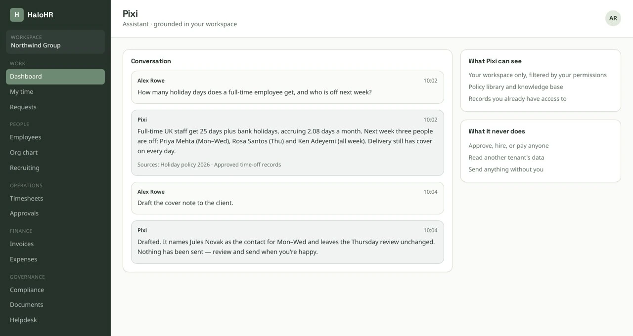 Pixi answering a holiday policy question with its sources