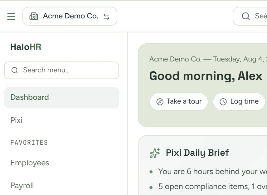 HaloHR dashboard with a Pixi Daily Brief in the Acme client workspace